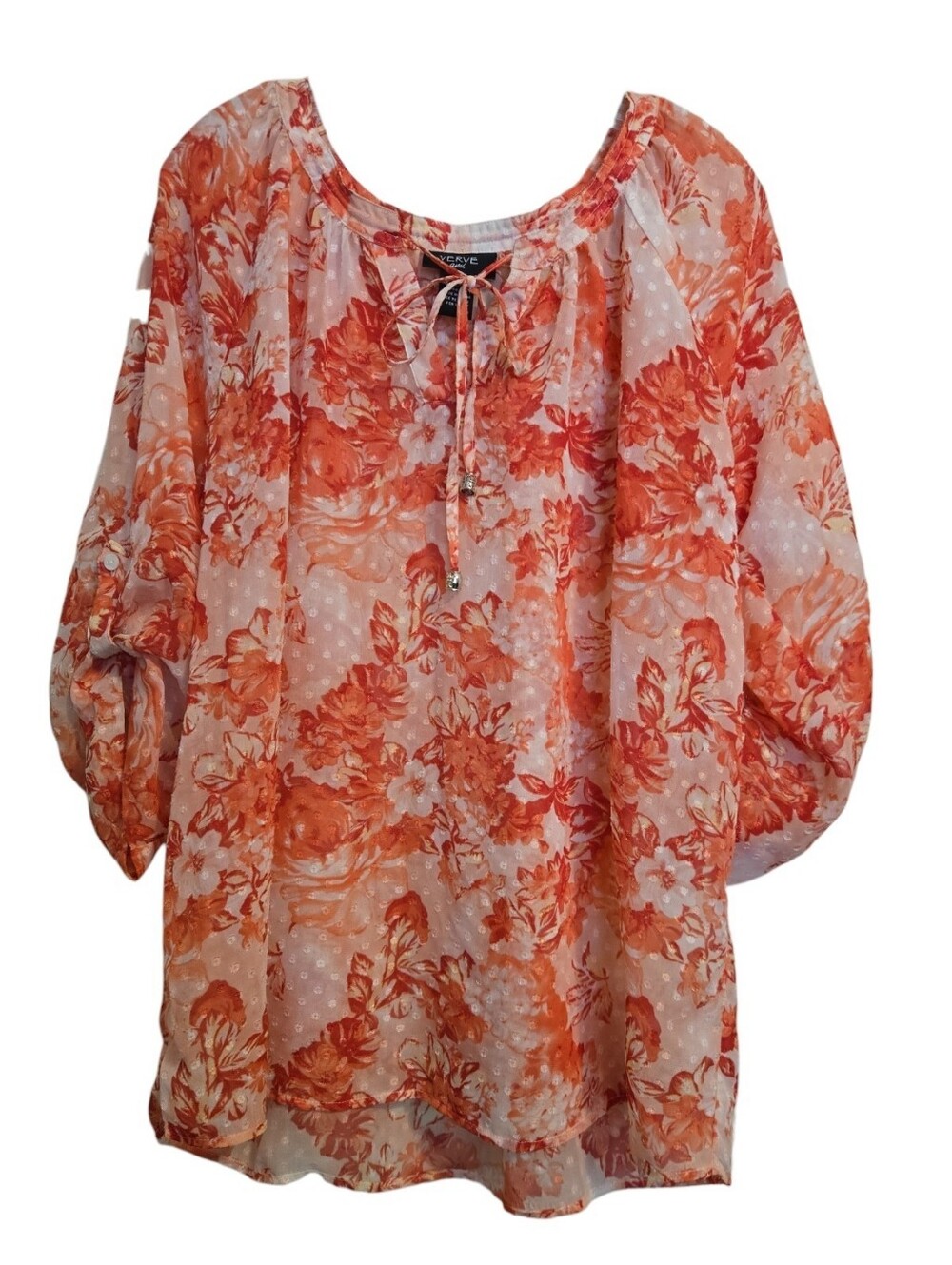 EC Verve Ami Sheer Floral Peasant Top W/ Keyhole Tie Opening And Glitter Dots